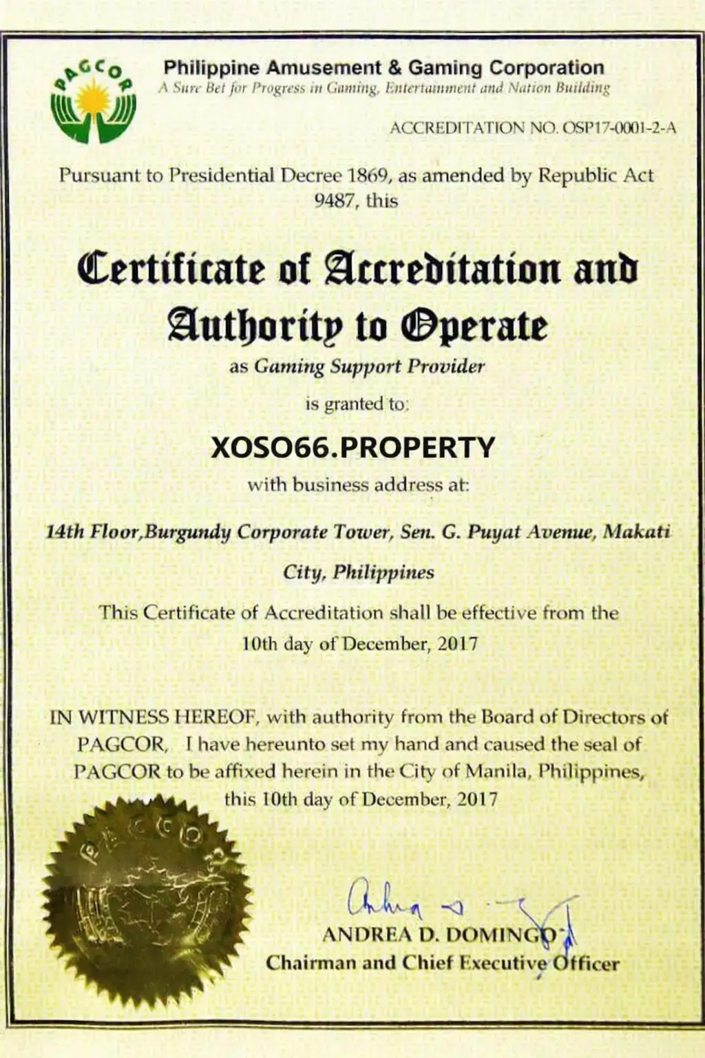 Giấy phép Pagcor Xoso66